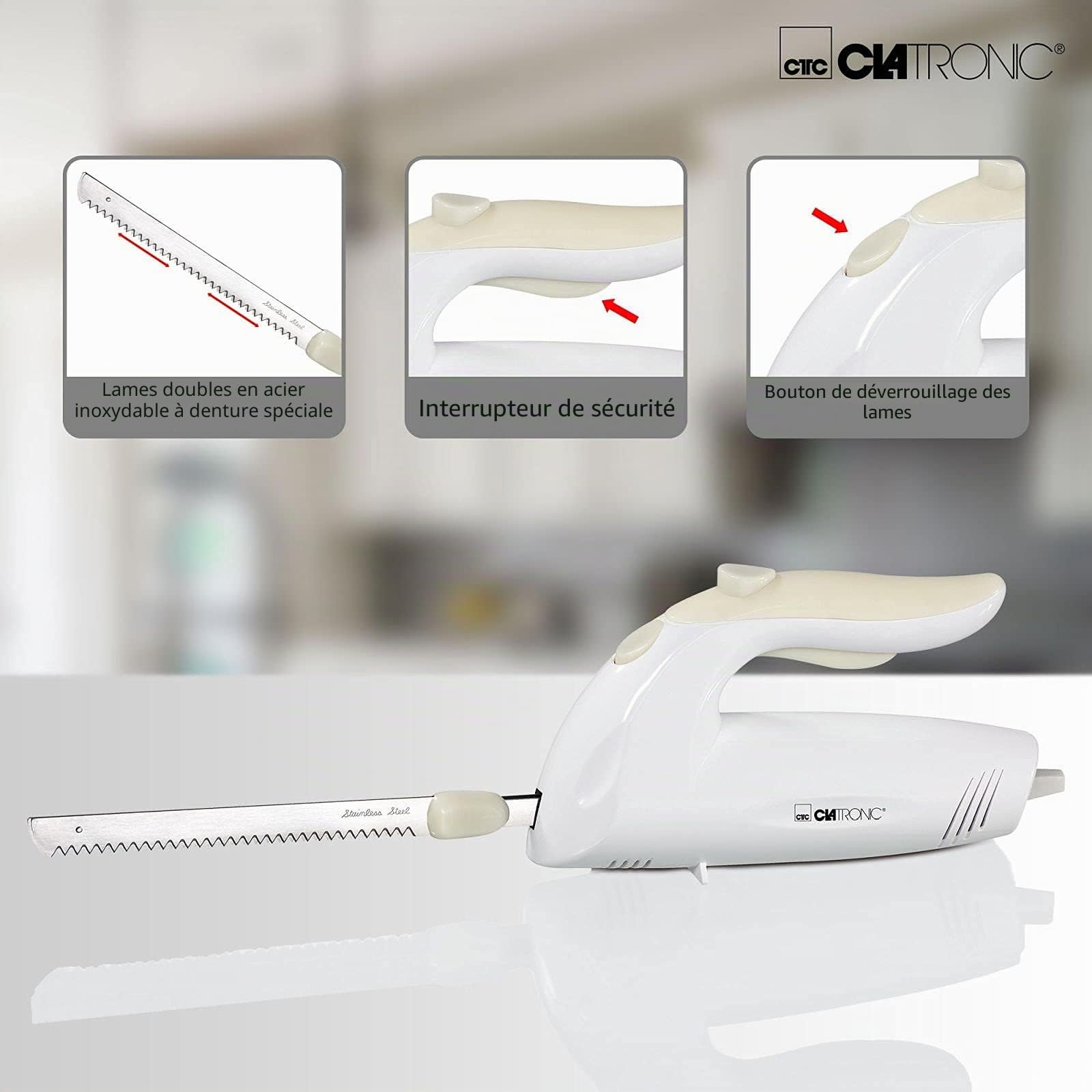 Couteau électrique de cuisine pour la viande, pour rôti et le pain frais (lame double en acier inoxydable, lame dentelée, couteau à pain, 150 W, blanc)