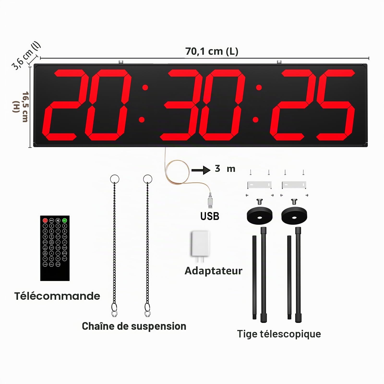CHKOSDA Horloge murale numérique double face de 70,1 cm, grande horloge LED multifonctionnelle avec minuterie, affichage de la température et de la date, horloge numérique à suspendre pour couloirs