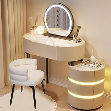 Small Vanity Desk, Vanity Desk with Mirror and Lights,with Drawers Makeup Table Adjustable 3 Light Modes Vanity Set for Bedroom,Vanity Desk, Vanity Set, Including LED Makeup Mirror and Chair
