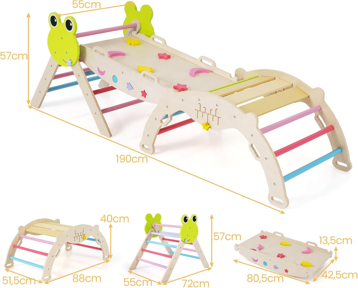 8-in-1 Montessori Climbing Triangle Set with Slide, Wooden Climbing Arch for Toddlers from 1 Years, Climbing Toy, Indoor Climbing Frame for Children's Room (Colourful, Frog Ladder)