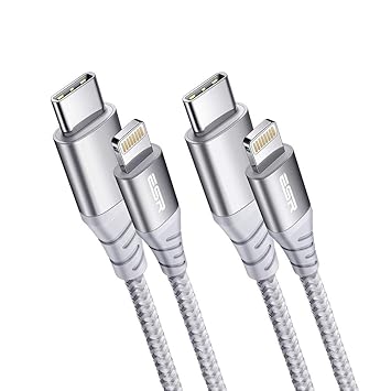 ESR USB-C to Lightning Cable, (2 meter, MFi-Certified), PD Fast Charging Cable for iPhone 13/13 mini/13 Pro/13 Pro Max/12/12 mini/12 Pro/12 Pro Max/11/XR/XS Max/XS/X/8, Braided Nylon, (2 Pack), Silver