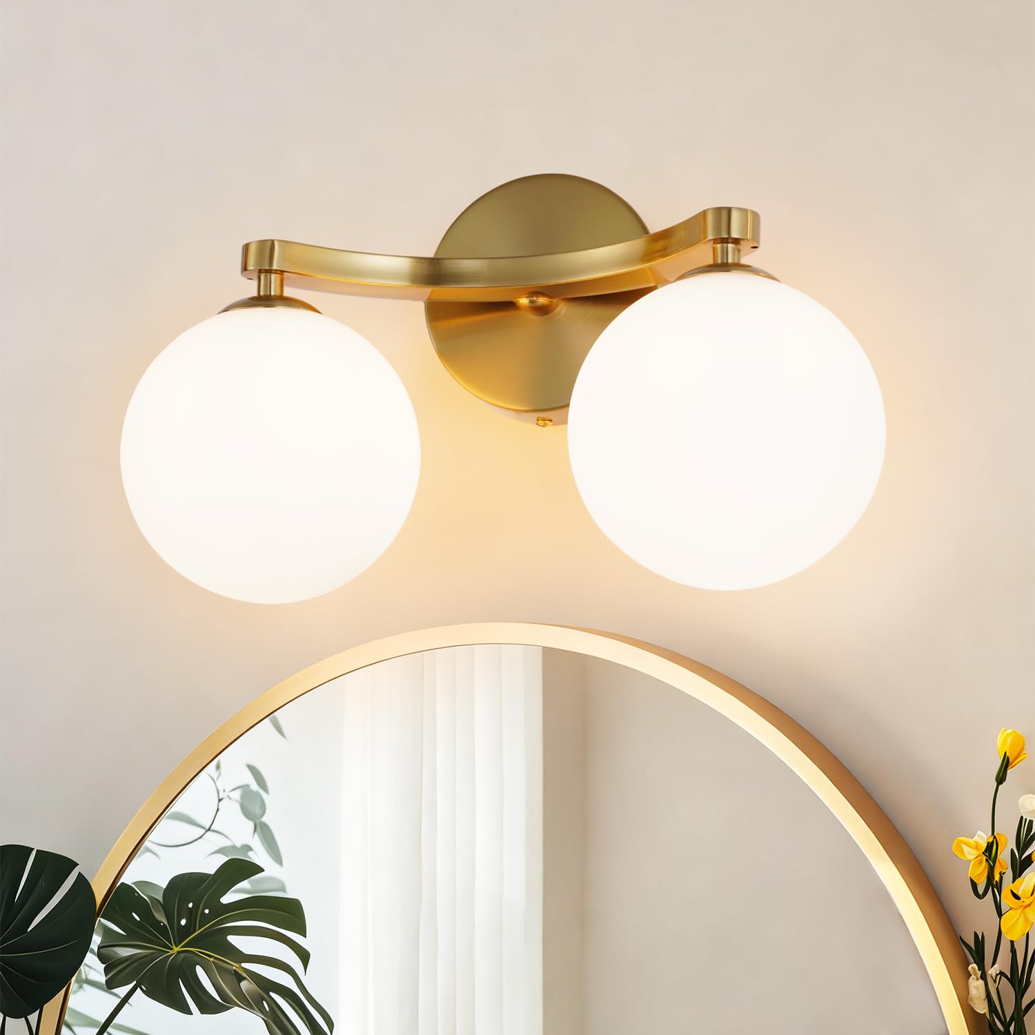 TYhogar Modern Bathroom Wall Light Vanity Light with Double G9 and Opaque White Glass Globe Shade Copper Finish Wall Lamp for Living Room Hallway (Bulb Included)