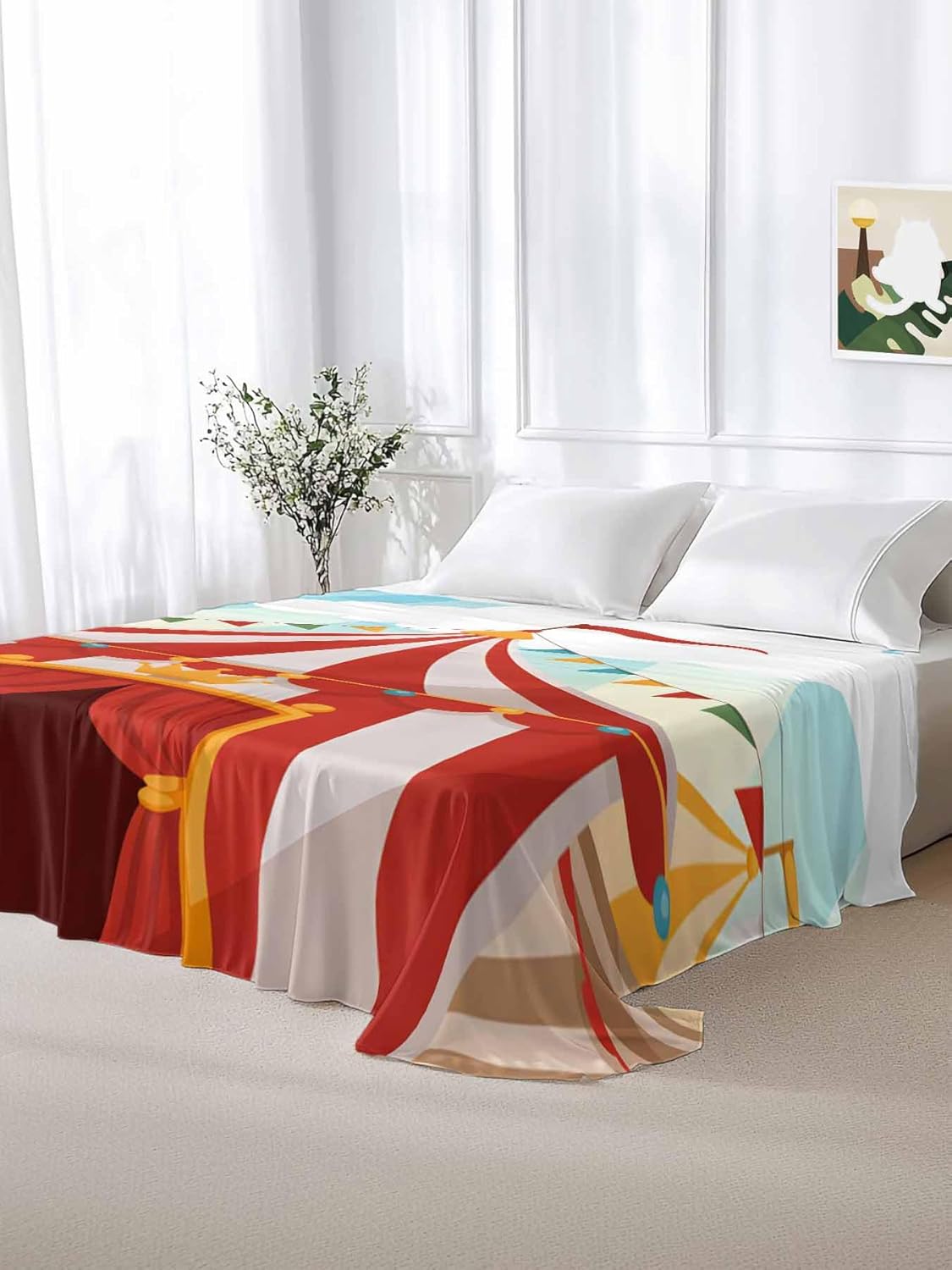 Full Flat Sheet, Cartoon House Full Bed Sheets Only, Soft Microfiber Flat Sheet, Funny Playground Blue Sky White Cloudy Hotel Quality Bedding Top Sheet Bedroom Home Dorm Decor