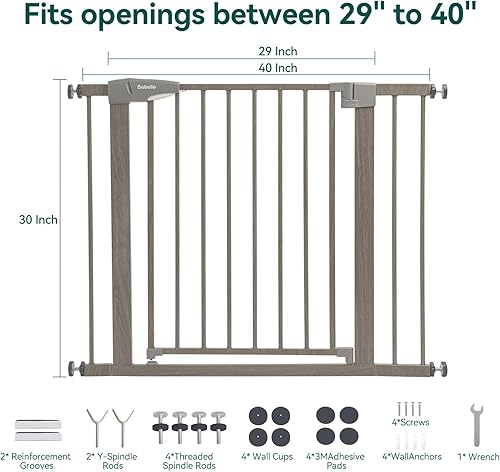 Miniatura 6 de Babelio Puerta de metal para bebé de 26 a 40 pulgadas con patrón de madera fácil instalación puerta de perro montada a presión sin taladrar no