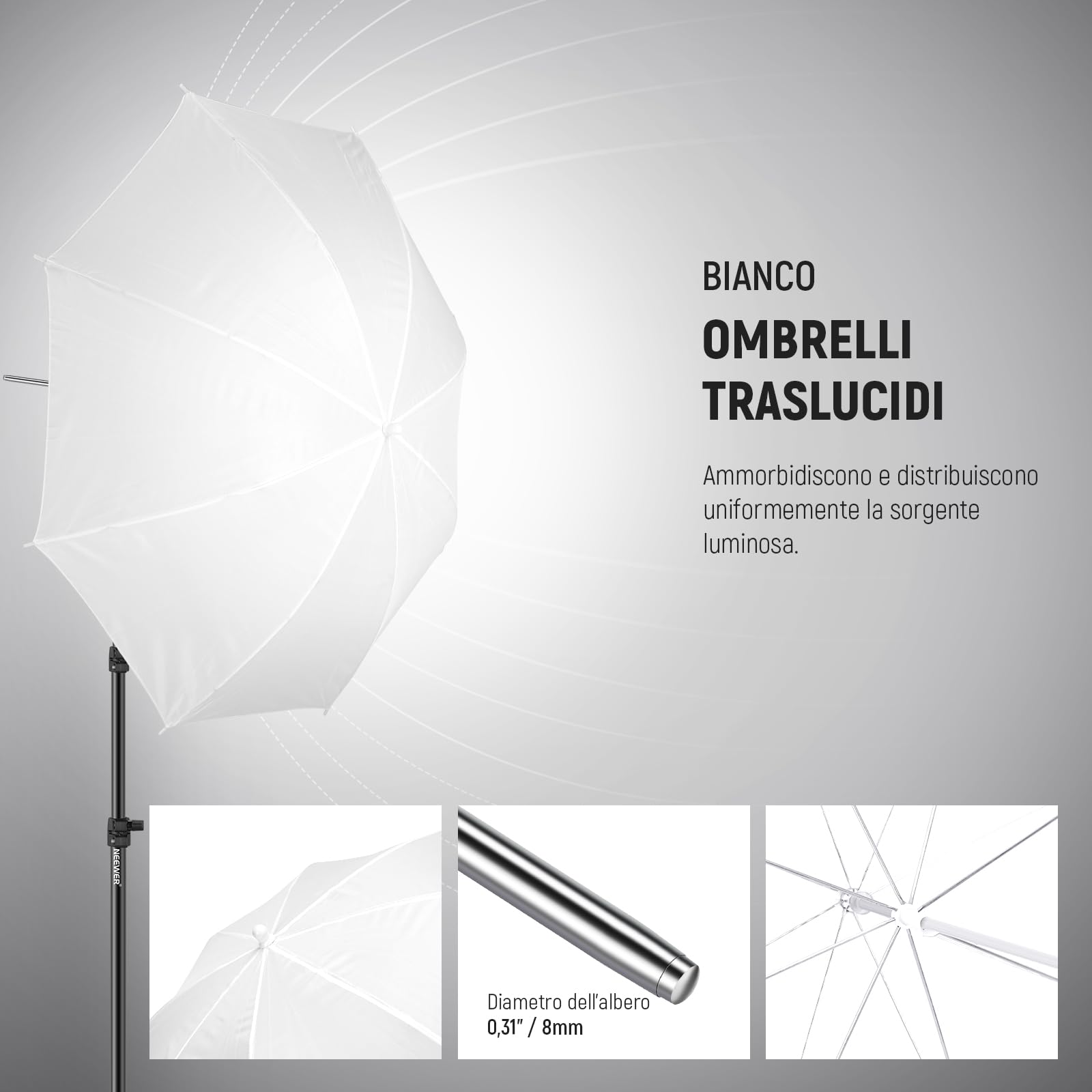 NEEWER Kit di Illuminazione Fotografica 600W,Equivalente a Incandescenza con 2 Ombrello Bianco,2 Ombrello Nero, 3 Lampadina LED da 24W,3 Stativo per Luce, 2Borsa, 5 Fascetta,3 Base per Presa E27,NK500
