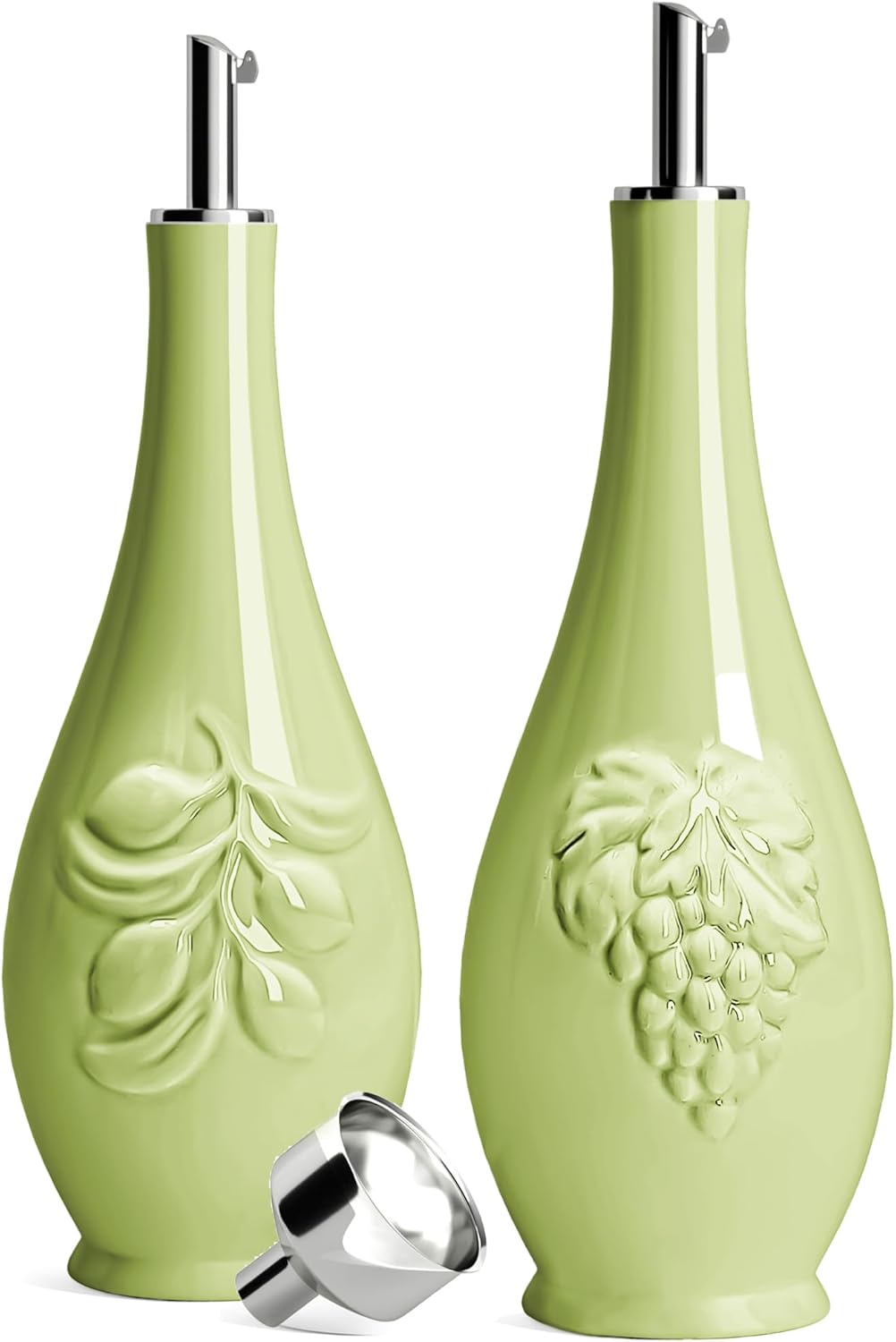 HOMBENE Porcelain Oil and Vinegar Dispenser Set, 16 oz Olive Oil Dispenser Bottle for Kitchen, Ceramic Cooking Oil Container, Oil Cruet w/Funnel, Dripless Spout, 480ml, 2 Pack