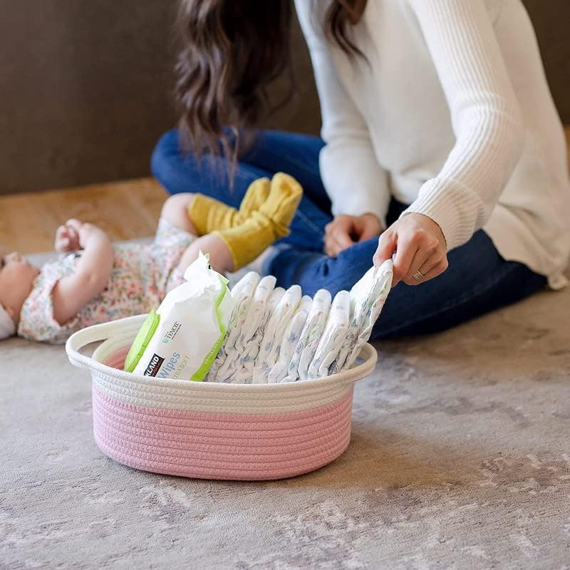 MANSA TRADERS 3-Piece Oval Storage Basket Set– Natural Rope Woven Baskets for Storage, Gift Basket Empty, Toy Basket, Soft Baby Basket for Nursery, Cat Dog Toy Baskets, Small Basket (Pink- White)
