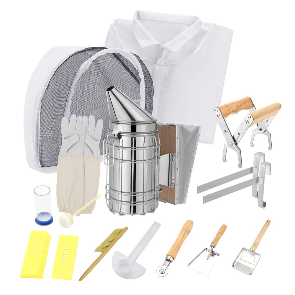 Kit de Herramientas de Apicultura 12pcs Kit de Suministros de Apicultura Accesorio de Apicultura Conjunto de Equipo de Apicultura Durable con Traje de Apicultura, Abejas Cepillo de Colmena