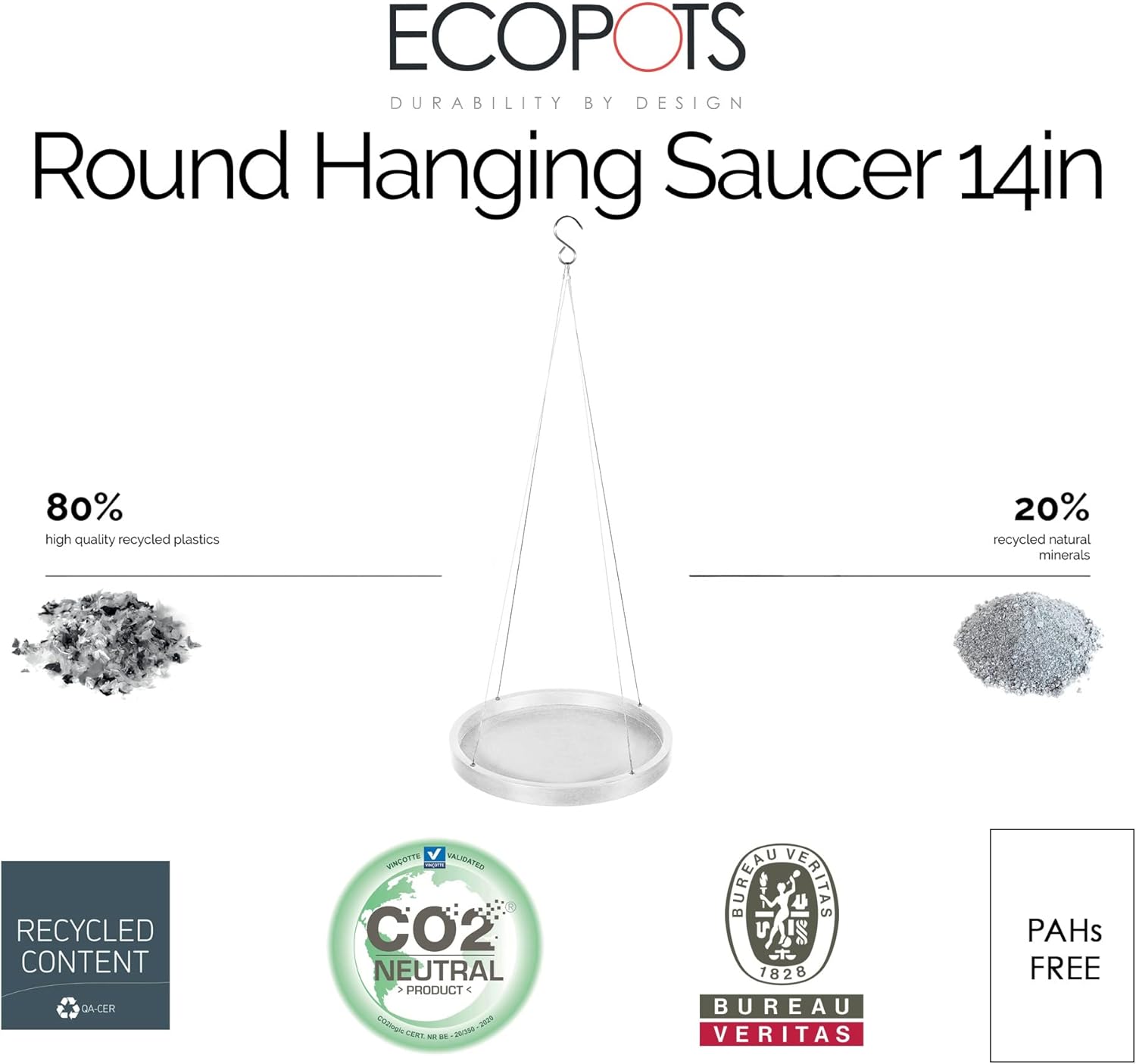 Ecopots Indoor/Outdoor Round Recycled Plastic Modern Hanging Planter Saucer, Pure White, 14"