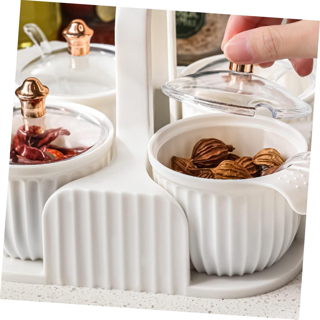 KICHOUSE Kitchen Condiment Organizer Set with Lid and Spoon, White Hips