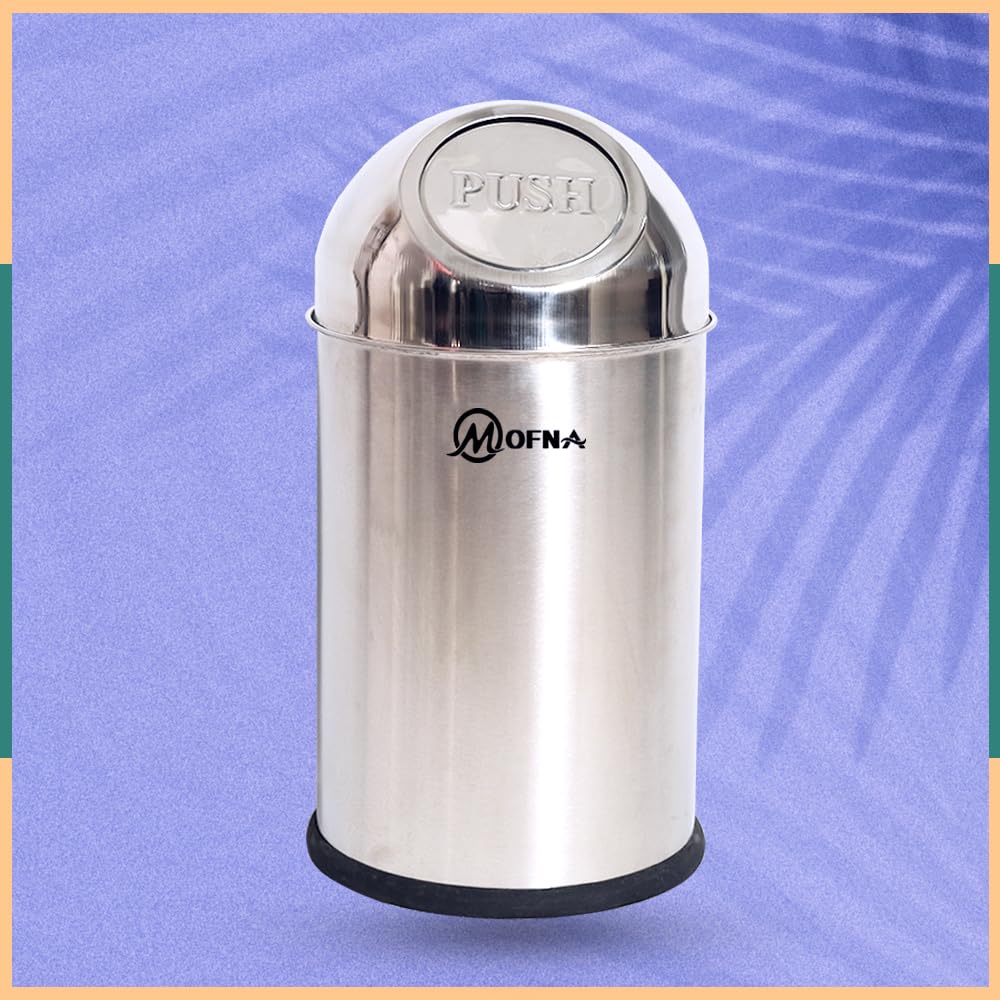 mofna Stainless Steel Push Can Dustbin Trash Can Paper Bin Round Shape use for Home, Office, Kitchen, Bathroom (8x16 Inch, 10 Liter, Silver) 4