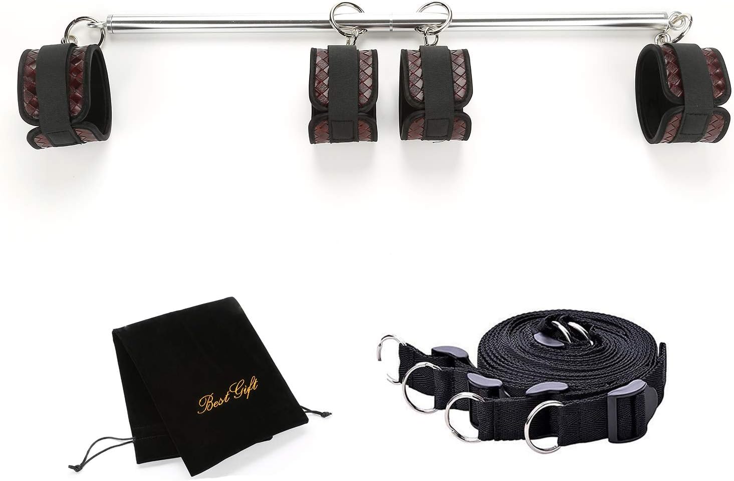 Spreader Bar Expandable Exercise Metal Bar with 4 pcs Leather Adjustable Straps, Yoga Training Fitness Gear, Workout Bar