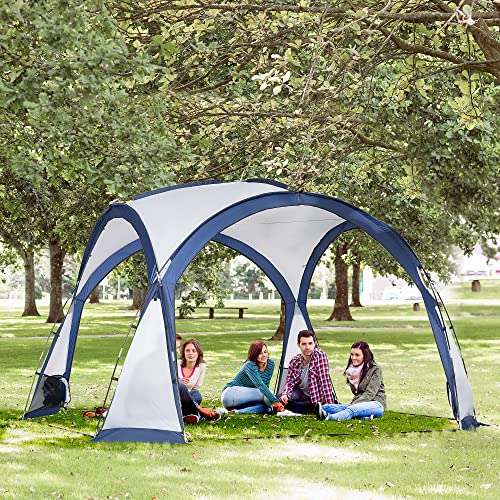 Outsunny Tente de Camping dôme familiale pour 6-8 Personnes avec 4 Portes en Filet zippées, Tissu Oxford Amovible, Crochet pour Lampe, Sac de Transport dim. 350L x 350l x 230H cm - Blanc et Bleu – Image 3