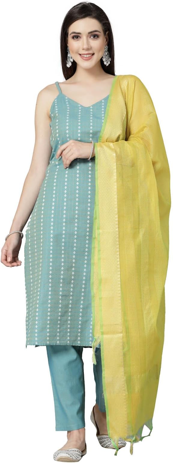 Stylum Women's Woven Designed Cotton Blend Straight Kurta Pant Dupatta Set (KPDAQUATIMMER_Aqua)