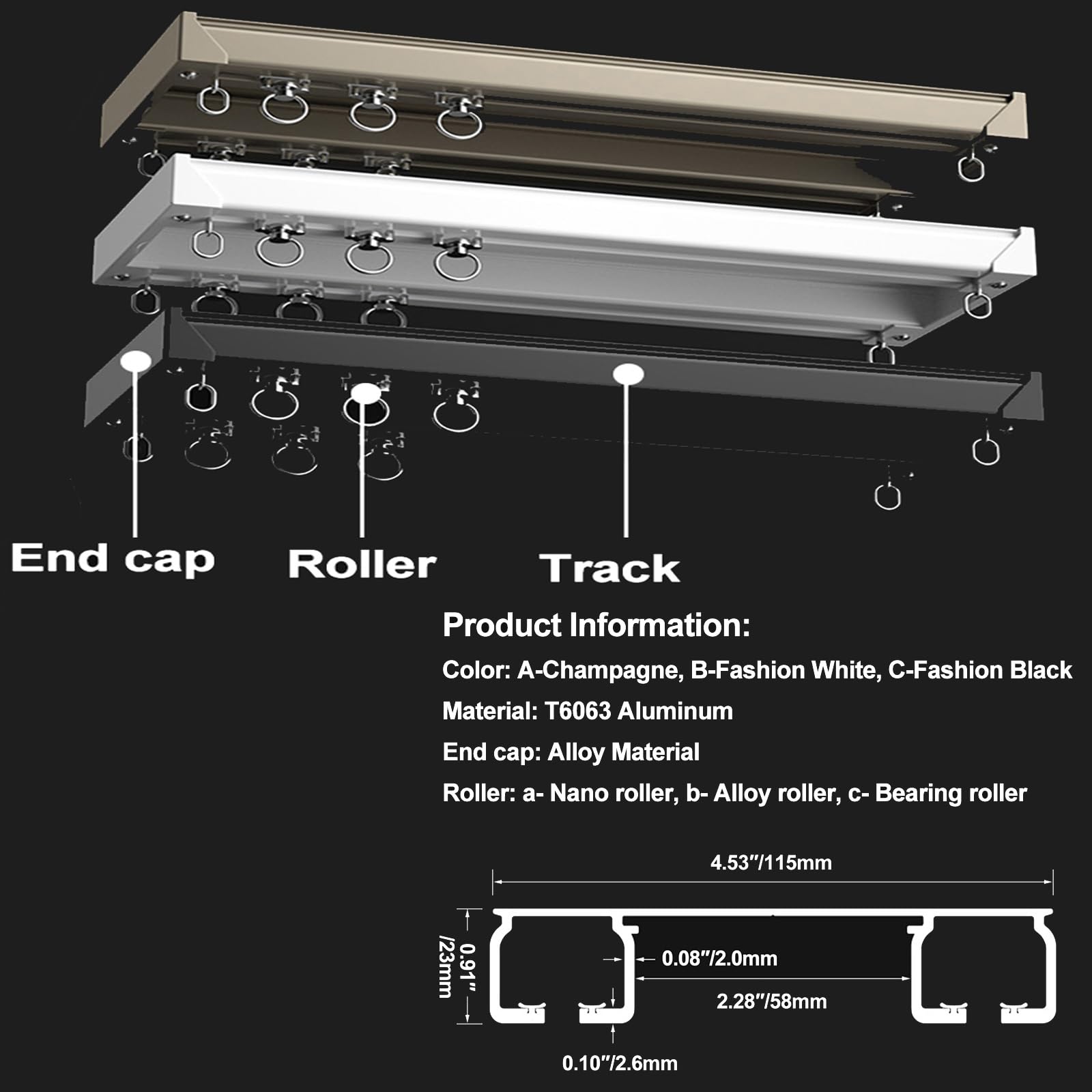 Pôles et Pistes pour Rideaux Ensemble de Rails à Rideaux de Plafond en Aluminium Robuste(Black,4.8m(4 * 1.2m))