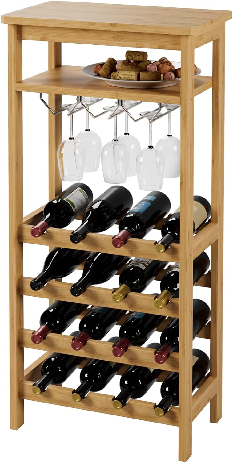 Bamboo Wine Rack, Wine Rack Freestanding Floor with Glass Holder Rack, Tabletop & 16 Bottles Holder, Wine Display Storage Stand for Kitchen, Office, Bar