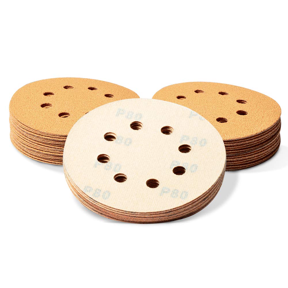 SPEEDWOX 50 Pcs 5 Inches 8 Hole Sanding Discs 80 Grit Dustless Hook and Loop Sandpaper for Random Orbital Sander Yellow Finishing Discs for Automotive Woodworking