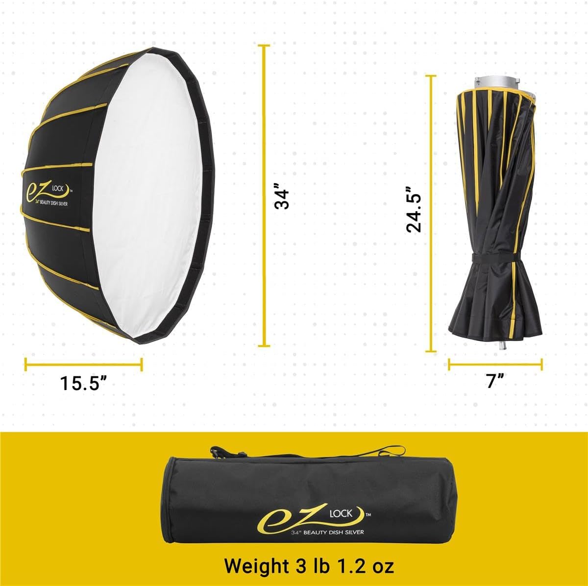 Glow EZ Lock 34" Collapsible Silver Beauty Dish Softbox w/Bowens Mount Speedring and Deflection Disk, 16 Ribbed Design Soft Box w/Silver Interior for Perfect Lighting and Beauty Dish Photography