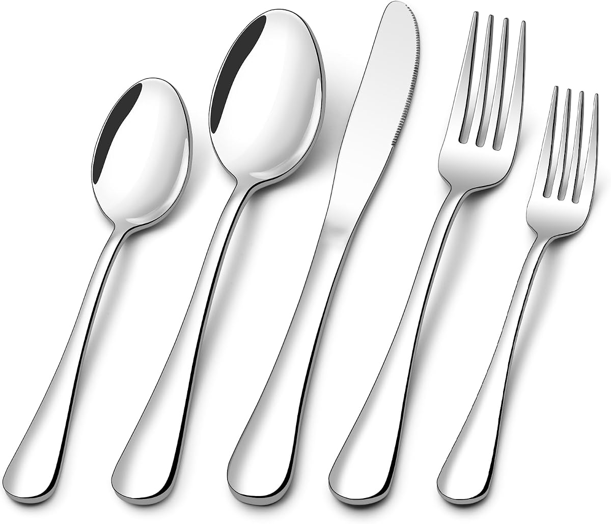 Compralo Juego de cubiertos para 12, juego de cubiertos de acero inoxidable de 60 piezas | El juego de cubiertos pulido espejo incluye cuchillo, tenedor y cuchara para el hogar, cocina, restaurante, fiesta, apto para lavavajillas