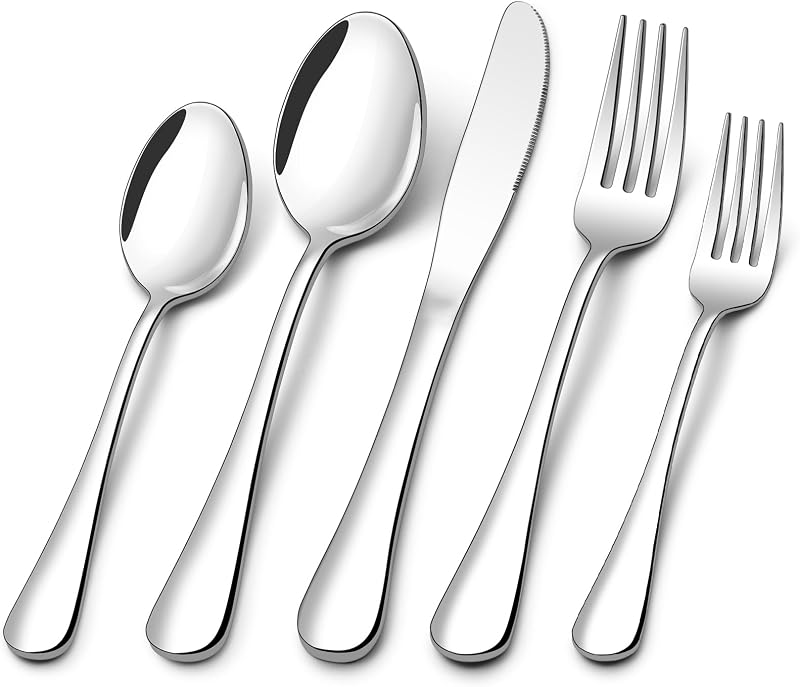 Compralo Juego de cubiertos para 12, juego de cubiertos de acero inoxidable de 60 piezas | El juego de cubiertos pulido espejo incluye cuchillo, tenedor y cuchara para el hogar, cocina, restaurante, fiesta, apto para lavavajillas