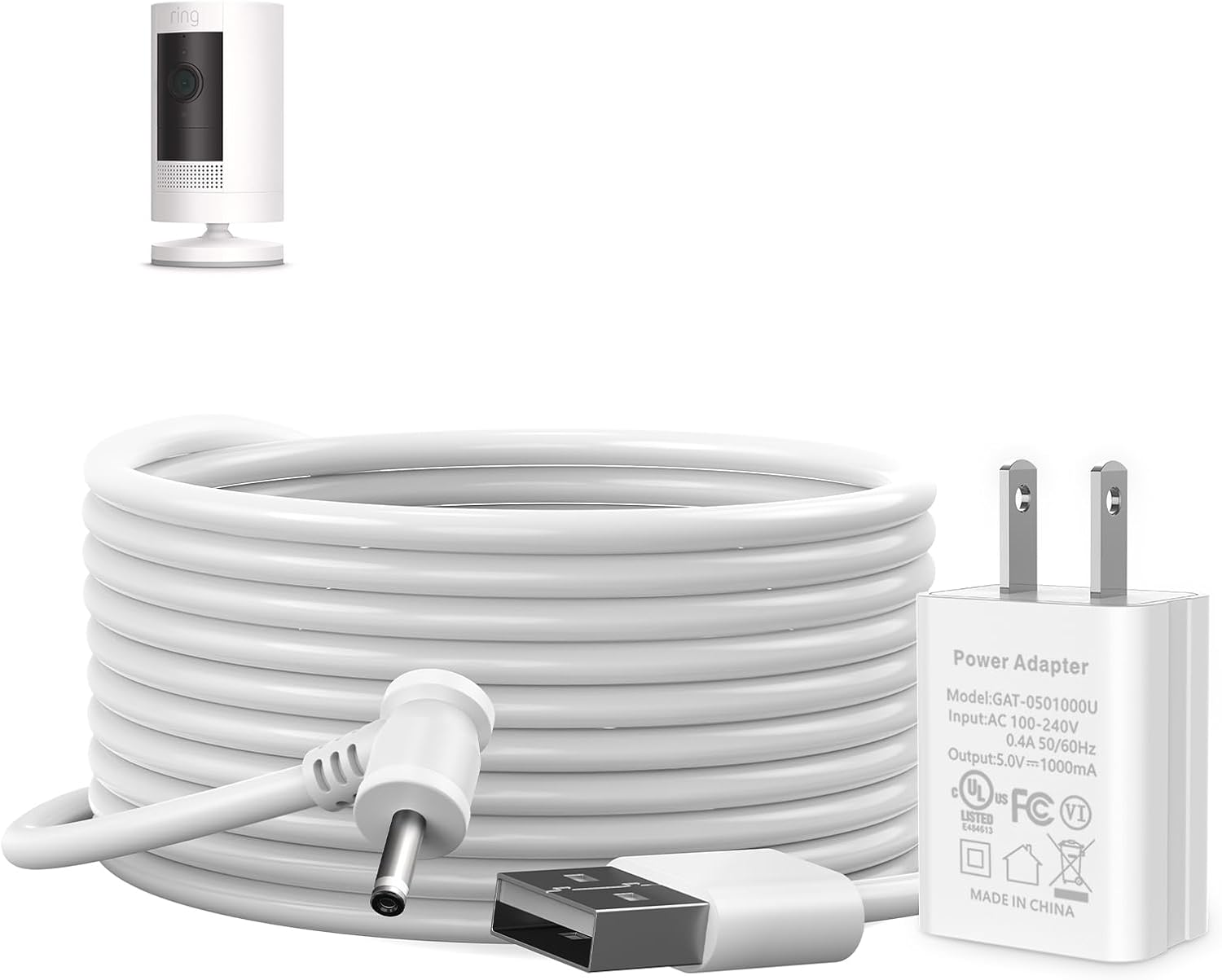 26ft/8m Power Cord with Adapter for Ring Stick Up Cam Battery/Plug-in 3rd Gen, Indoor/Outdoor Weatherproof Power Cable Keep Ring Camera Charging, White