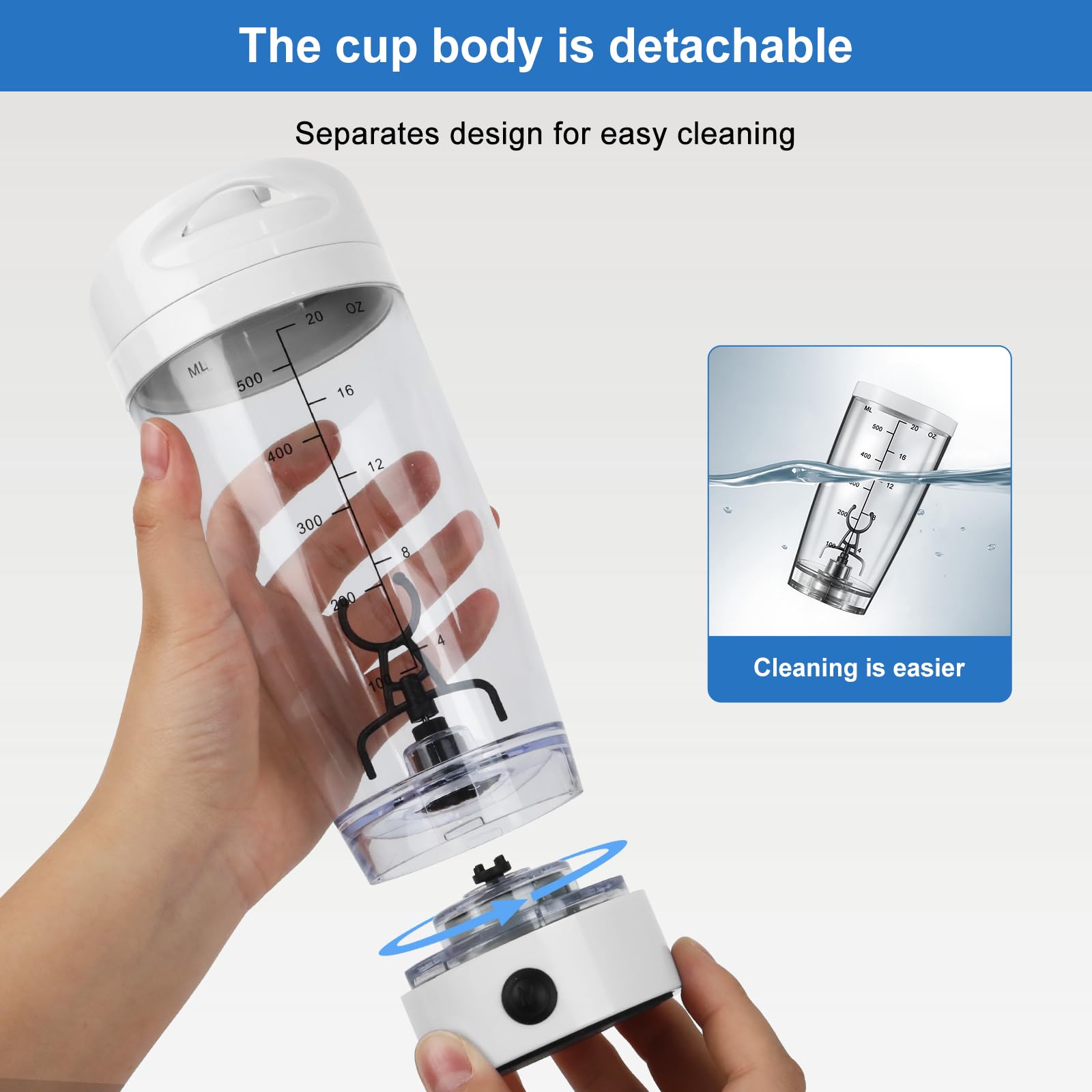 600 ml Shaker Proteine Elettrico, Bottiglia shaker, Senza BPA, Portatile Mixer Cup, Tazze Shaker ricaricabile USB C per Frullati Proteici, Protein Shaker Bottle per Frullati Proteici - bianco