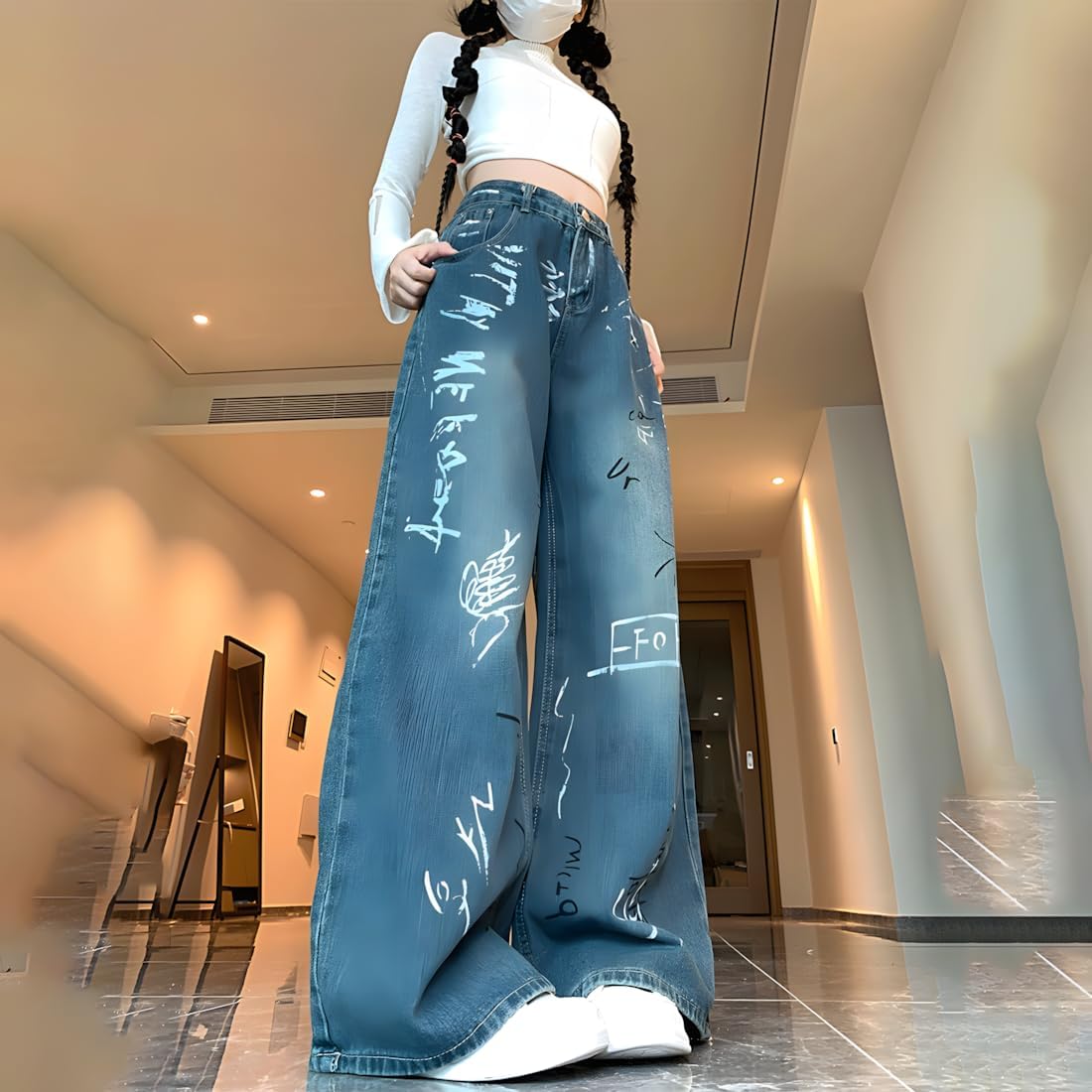 Y2K Gothic Vintage Grunge Casual Style High Waist Straight Wide Leg Doodle Print Denim Pants for Women - Image 2