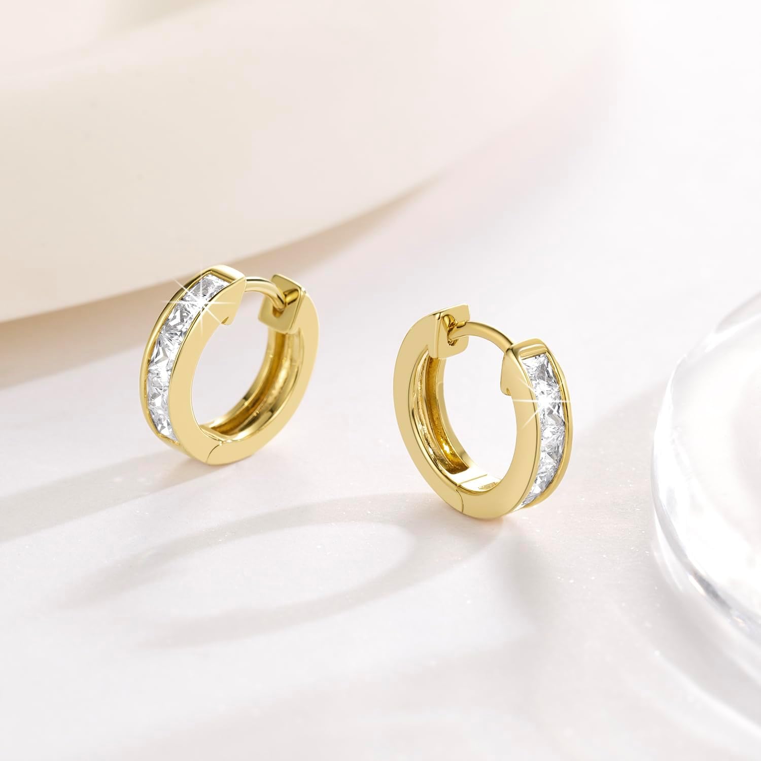 Gold Earrings for Women 14K Gold Hoop Earrings for Women Gold Hoop Earring for Womens Hoops Dazzling Square Cubic Zirconia Huggie Hoops Earring 13/20/25mm