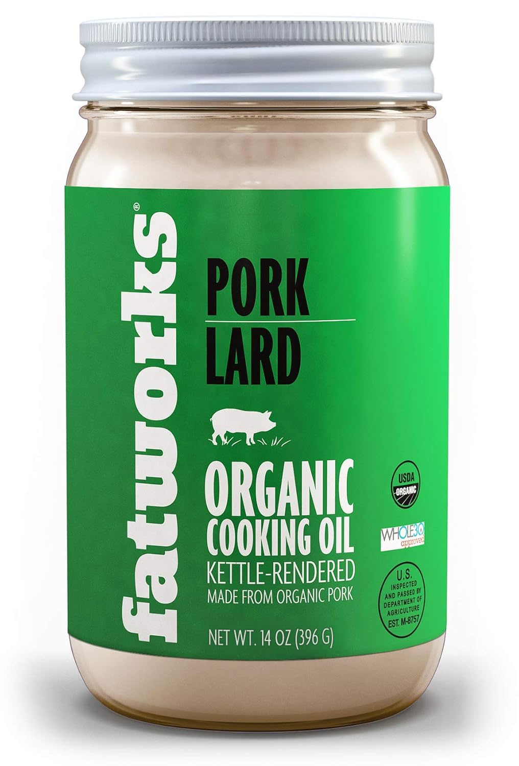Fatworks, Certified Organic Pork Lard, NON-GMO, USDA 100% Organic for Keto, Paleo Everyday Cooking and Frying, Whole30 Approved, No Preservatives 14 OZ glass jar