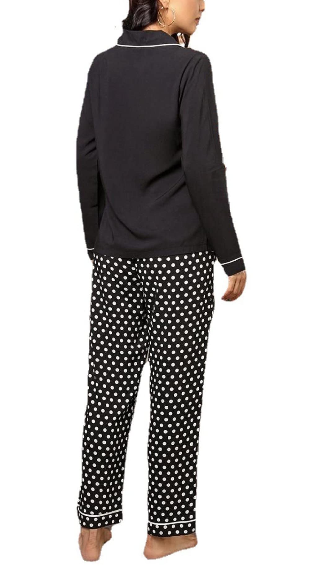 Ensembles De Pyjama Femme,Revers Noir À Pois Motif Polyester À Manches Longues Ensemble De Vêtements De Nuit Femmes Deux Pièces Pyjama Doux Classique Décontracté Loungewear Cadeau pour Femme P