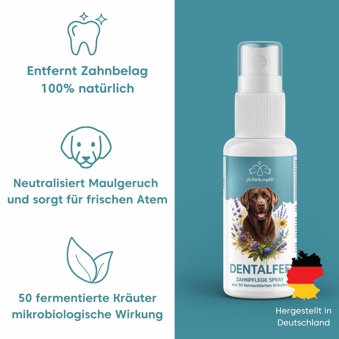 Dentalfee - Dentalspray/Zahnpflege Spray für Hunde & Katzen - Entfernt Zahnstein & Zahnbelag - 100% natürlich - 50 fermentierte Kräuter - frischer Atem - 100ml - Reicht bis 9 Monate…