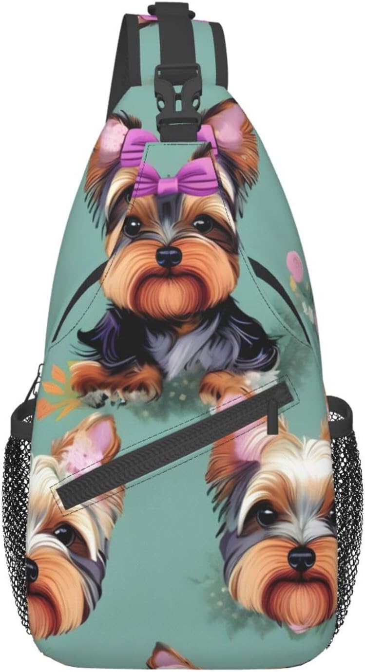 GeRRiT Yorkie Floral Print Small Backpack Sling Bag For Women Men, Chest Bag Daypack Crossbody For Travel Sport, SB-122