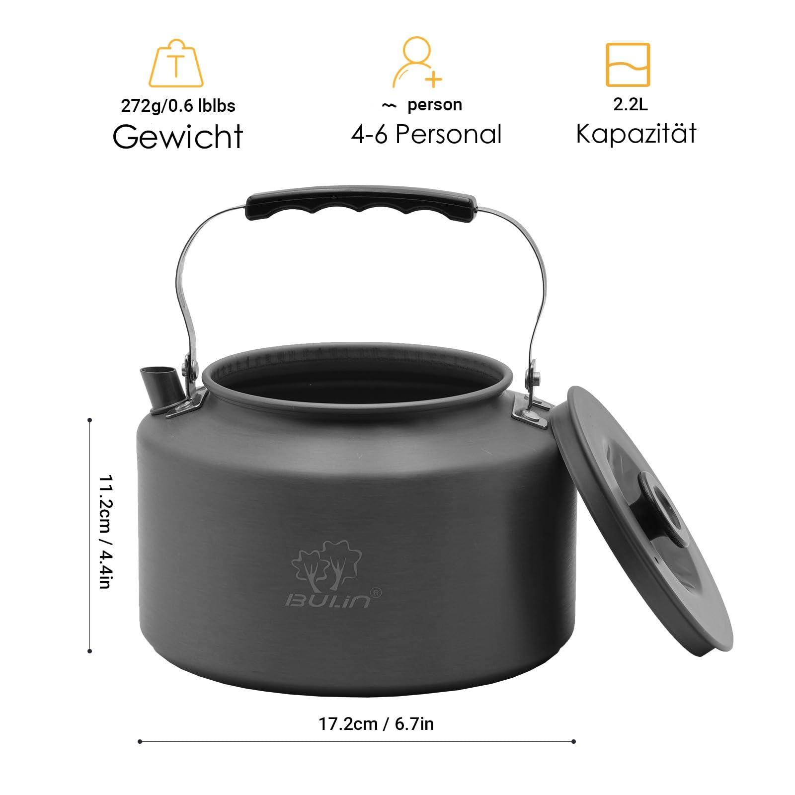 Bulin Bollitore da Campeggio, bollitore Portatile Piccolo in Alluminio anodizzato, teiera con Fondo reattore per 2-3 Persone, Ideale per Trekking, Campeggio, Picnic, Outdoor