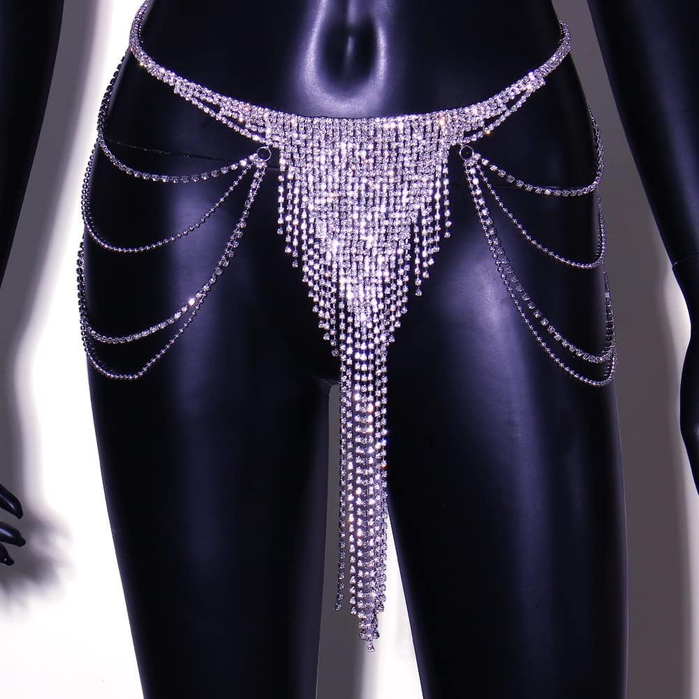 Sparkly Crystal Silver Dance Skirt Long Chain Tassel Waist Chain for Rave Party Nightclub Boho Body Chain for Women