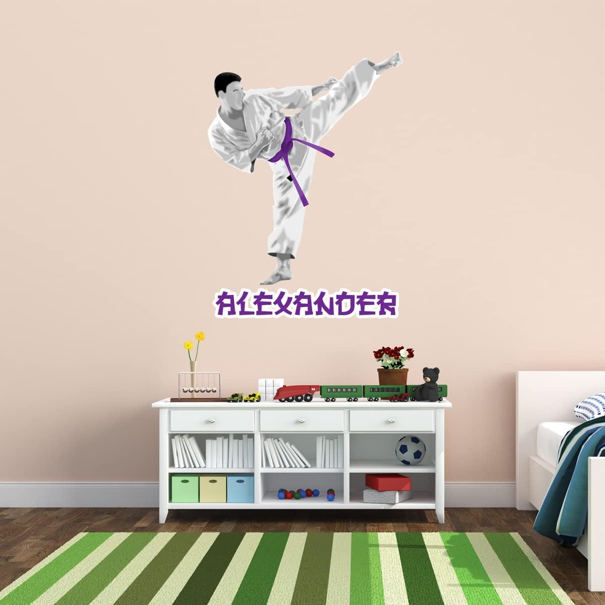 VWAQ Custom Karate Boy Wall Decal - Personalized Name Sports Sticker Decor - HOL61 (36" H X 27" W, Purple)