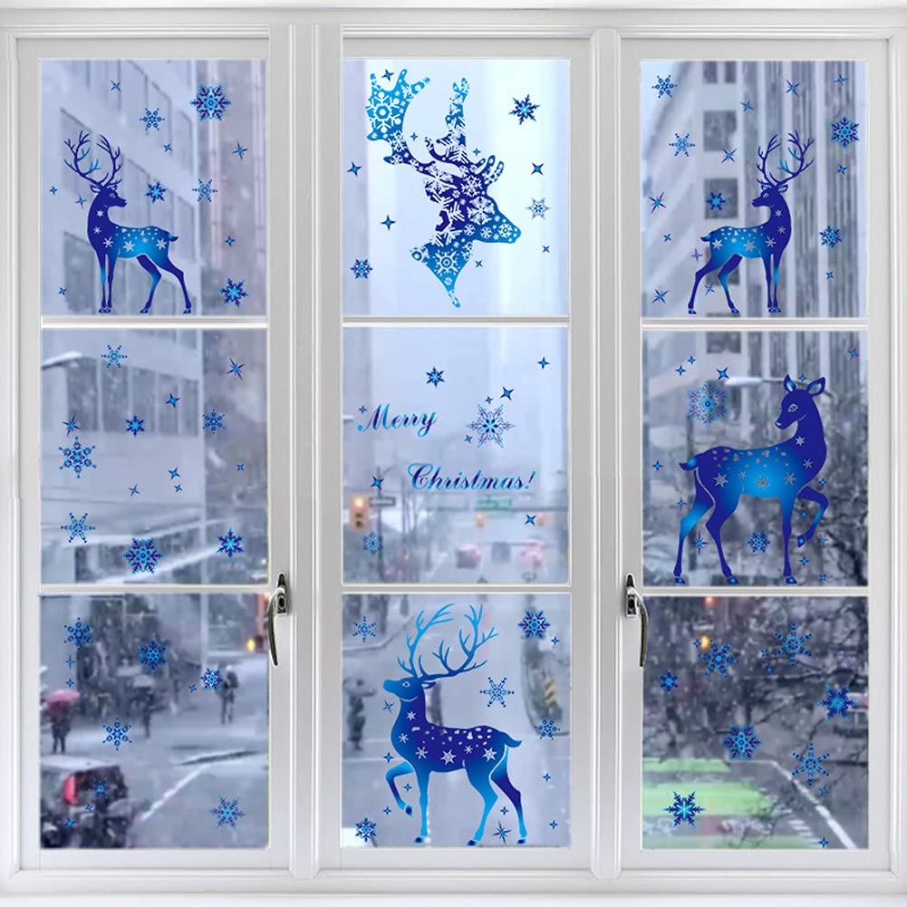 SoulQool 5 Sheets Christmas Window Stickers Clings,158Pcs Xmas Window Decorations Snowflakes Reindeer Decals Wall Sticker, Removable Static PVC Stickers for Home Shop Window Door Display