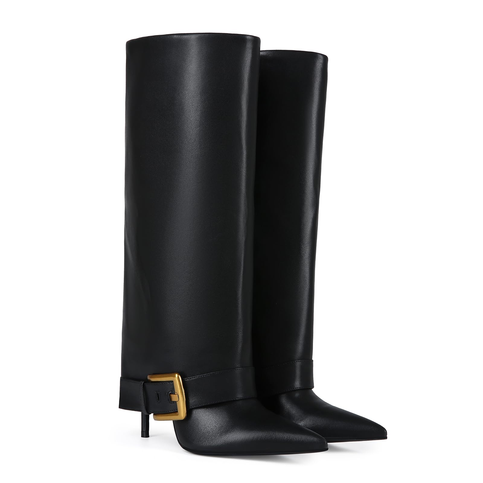 Fold Over Boots for Women Heeled Knee High Leather Boots with 4-Inch Stiletto Heel Wide Calf Shark Boots