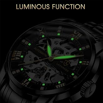 A ALPS Mens Watch Skeleton Luxury Mechanical Stainless Steel Waterproof Black Automatic Self-Winding Roman Numerals Diamond Dial Wrist Watch