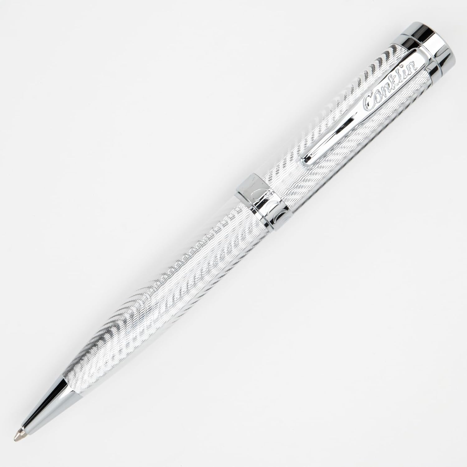 Conklin Herringbone Signature Ballpoint Pen - Silver with Chrome Trim, Intricate Engraved Design, Refillable for Longevity, Elegant Gift for Professionals and Writing Enthusiasts