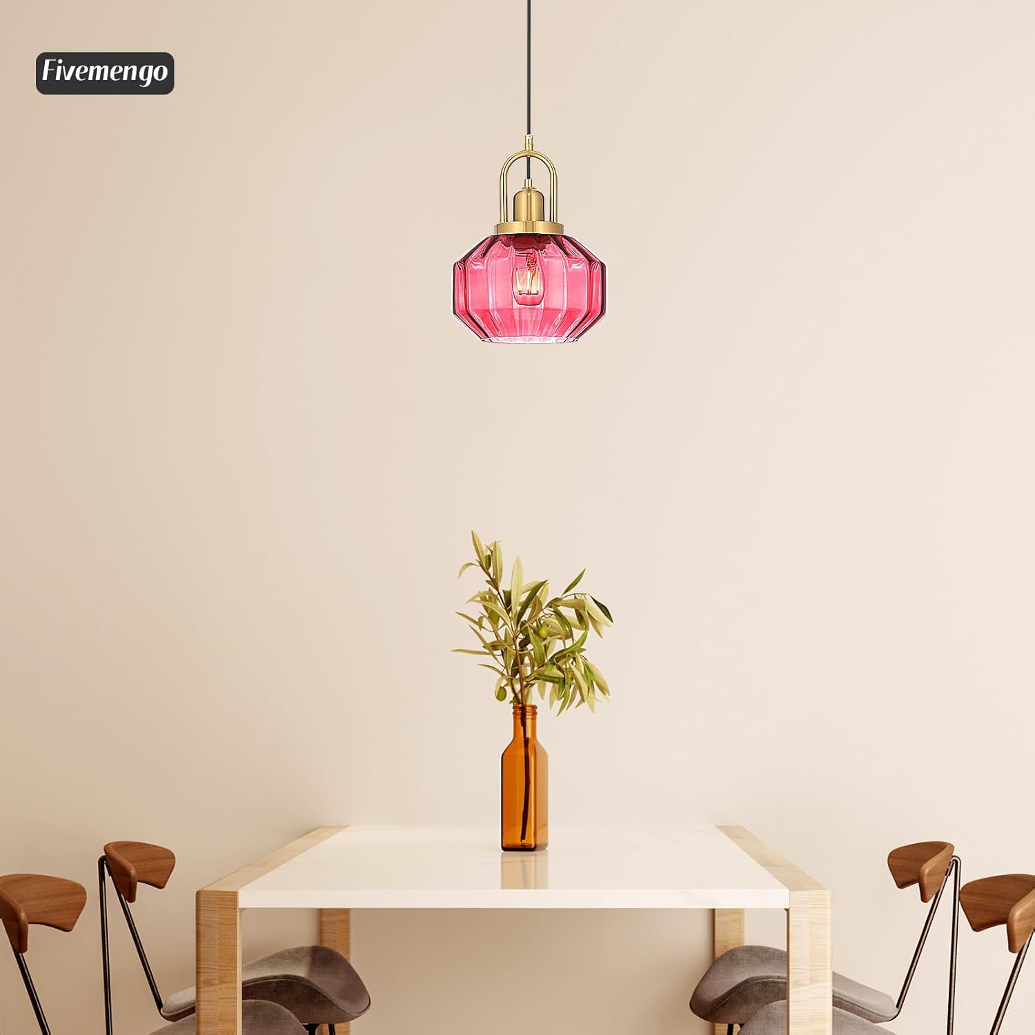9in Mid Century Modern Wine Red Glass Pendant Light Fixture, Small Gold Kitchen Island Pendants Light Glass Ceiling Hanging Lamp for Foyer Dining Room Bedroom Entryway Hallway Over Sink