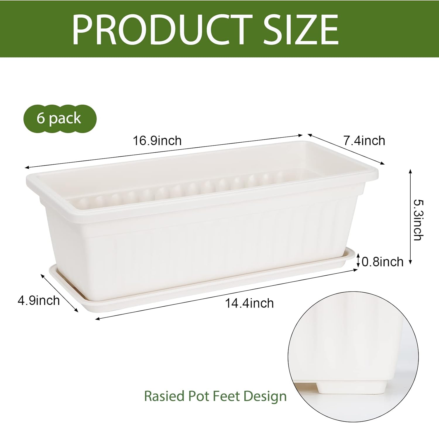 HOXHA 6 Pack Window Box Planter, 17 Inches Vegetable Flower Plastic Planter Boxes with Tray, Rectangular Planter Indoor and Outdoor Flower Pots for Windowsill, Patio, Porch, Garden Balcony, White