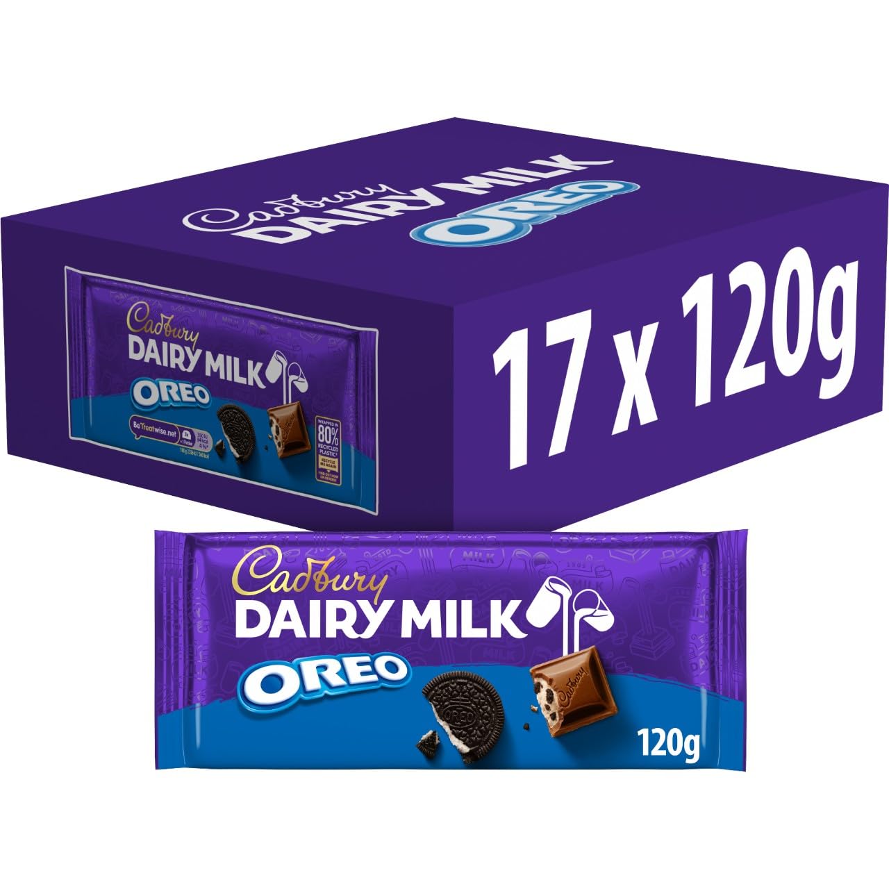 Cadbury Dairy Milk Oreo Chocolate Bar, with Creamy & Crunchy Oreo Pieces, 120 g (Pack of 17)