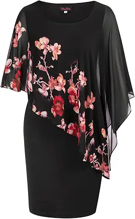 Hanna Nikole Women's Sleeveless Cape Dress with Chiffon Overlay Bodycon Pencil Dress