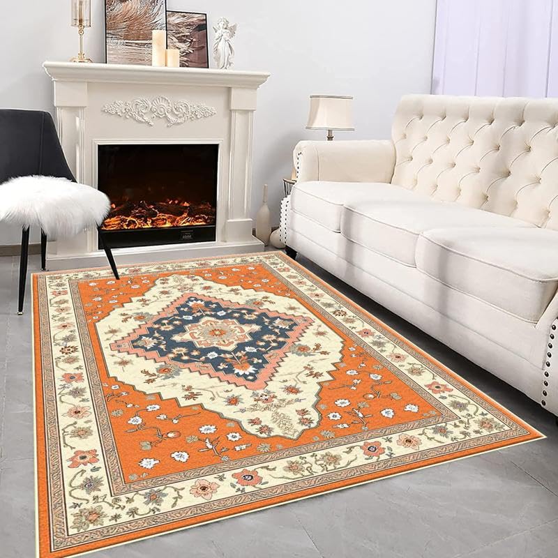Tapis entrée bohème orange et antidérapant pour le salon