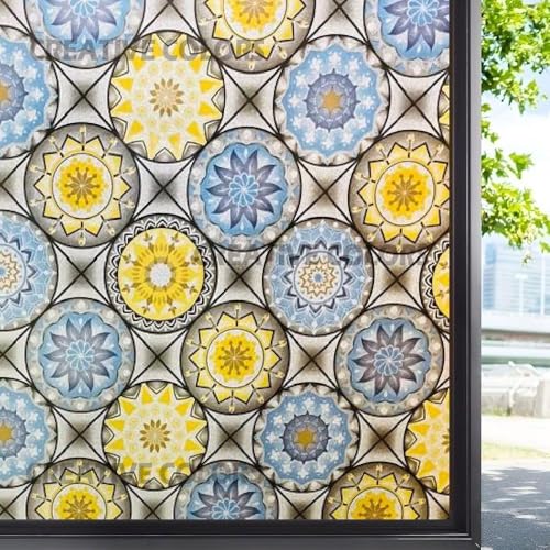 CREATIVE COLORS Vinyl Privacy Mandala Window Glass Film (18x36 Inch) - Self-Adhesive Decorative Sticker Opaque Sheet Tint Wallpaper for Glass Cover Window, Door, Office, Home.| Anti-UV. Yellow Blue