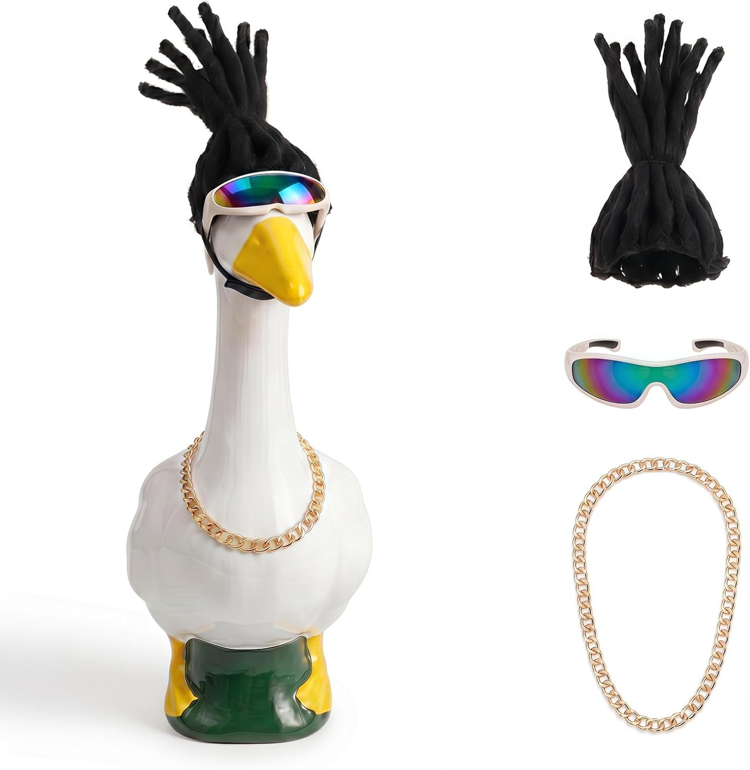Hip Hop Porch Goose Outfit Novelty Streetwear Clothes with Gold Chain Sunglasses and Hair Wig for 23In Plastic/Cement Lawn Statue Funny Garden Decor Accessories