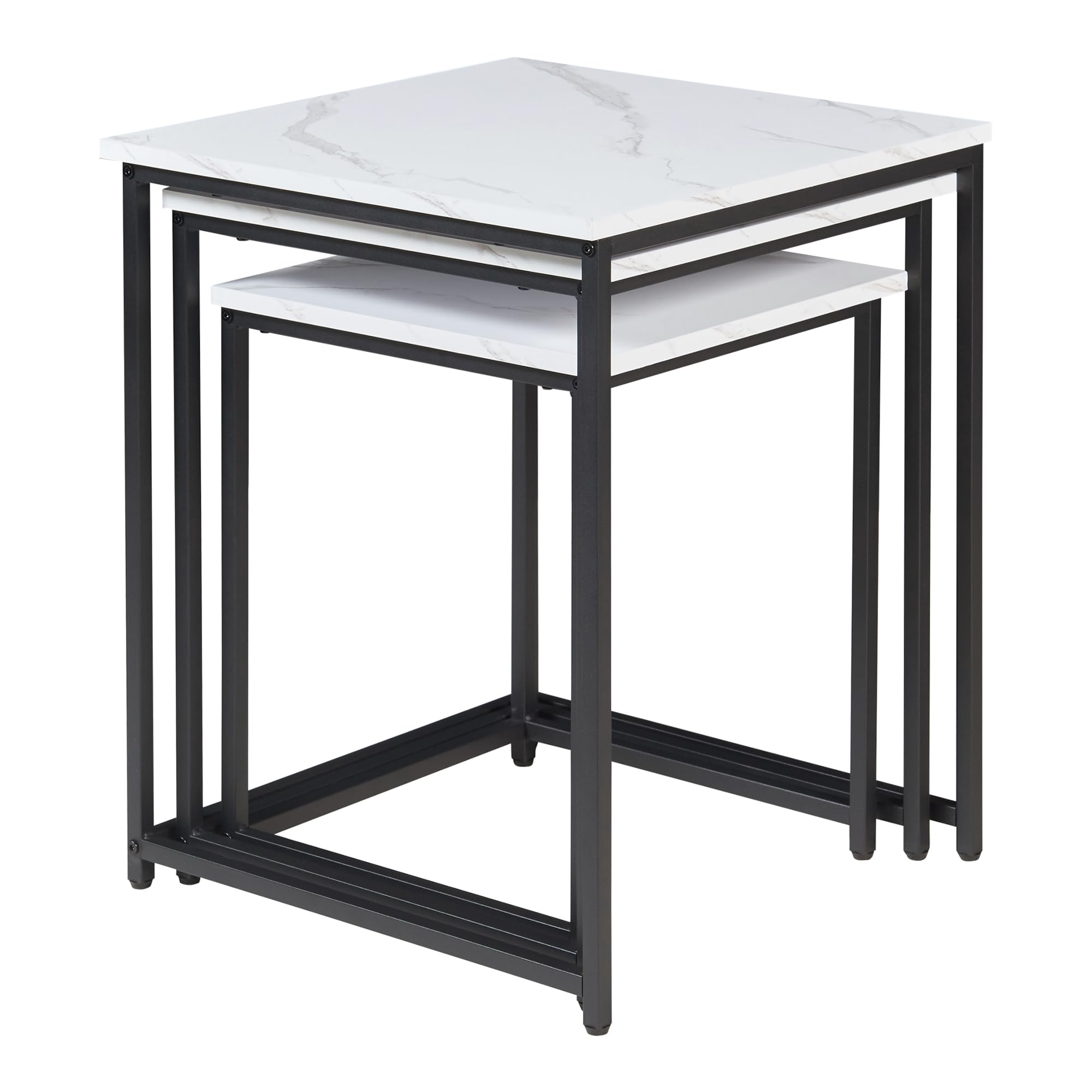 [en.casa] Set di 3 Tavolini Sovrapponibili con Piani Quadrati in Effetto Marmo Bianco Tavoli Bassi Salvaspazio Telaio Nero per Salotto Soggiorno Ingresso in Misure Diverse