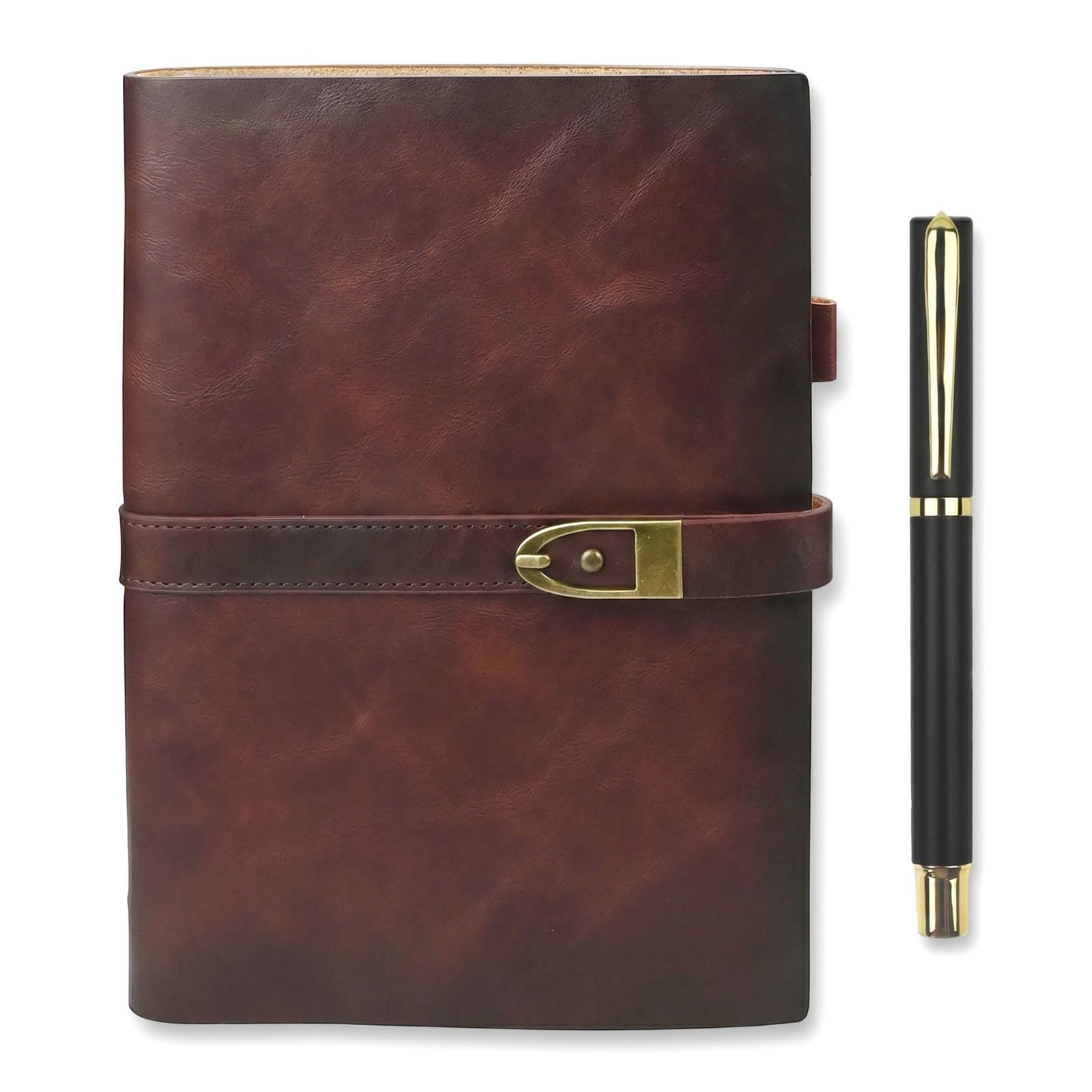 SIMDAO A5 Genuine Leather Notebook, Refillable Leather Journal with Lined Pages & Pen, A5 Binder Vintage Hardcover Diary Notebook for Men Women, Business Office Work Study Travel Writing Gift, Brown