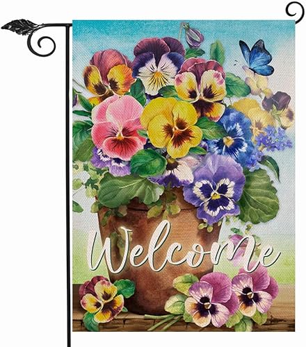 Miniatura 8 de Bandera de bienvenida para jardín de colibrí de primavera de doble cara, flor morada, pájaro amarillo, mariposa, decorativa, casa, patio, decoración