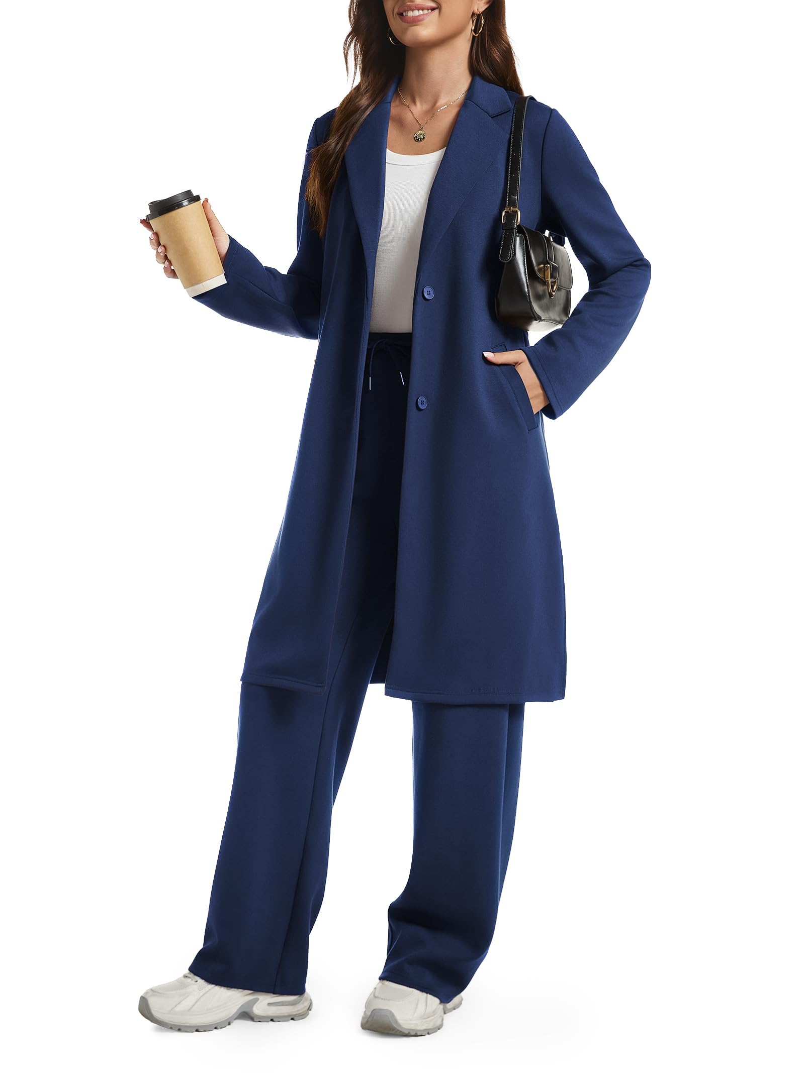 Women's 2 Piece Sets Dressy Casual Coatigan Pea Coat Wide Leg Pants Suit Winter Lounge Outfits-image-49